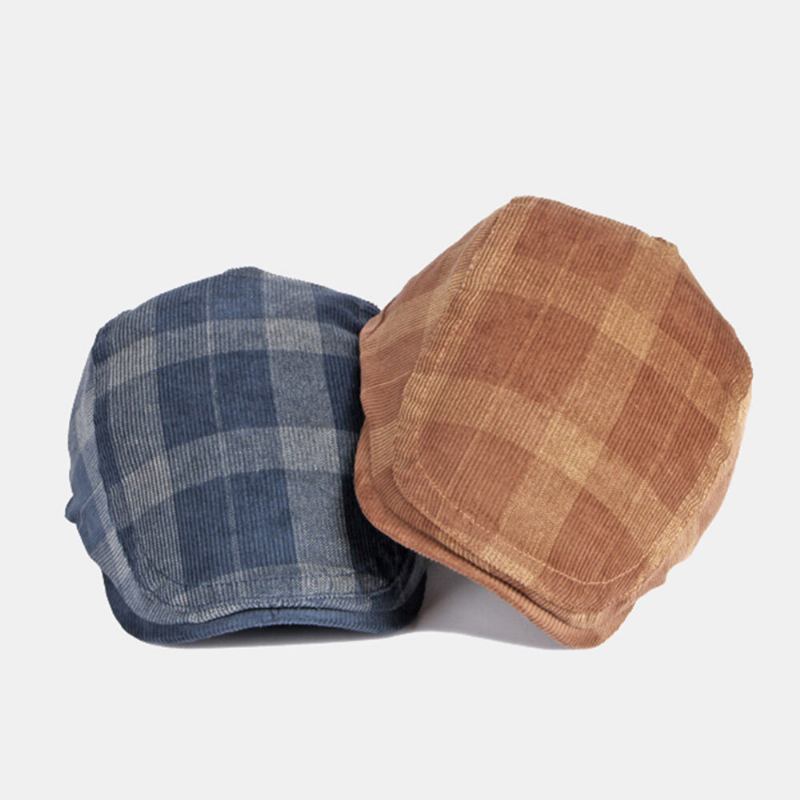 Unisex Corduroy Gitterstribe Justerbar Baret Flad Kasket Britisk Retro Efterår Vinter Vild Vindtæt Forward Hat