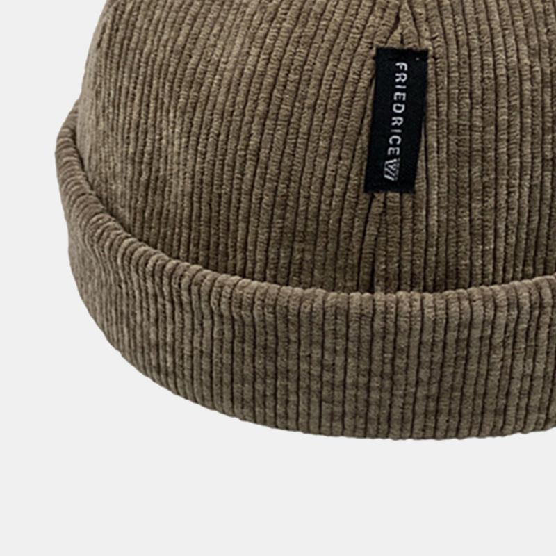 Unisex Corduroy Label Patch Skull Kasket Casual Udendørs Efterår Vinter Varm Justerbar Brimless Beanie Landlord Cap