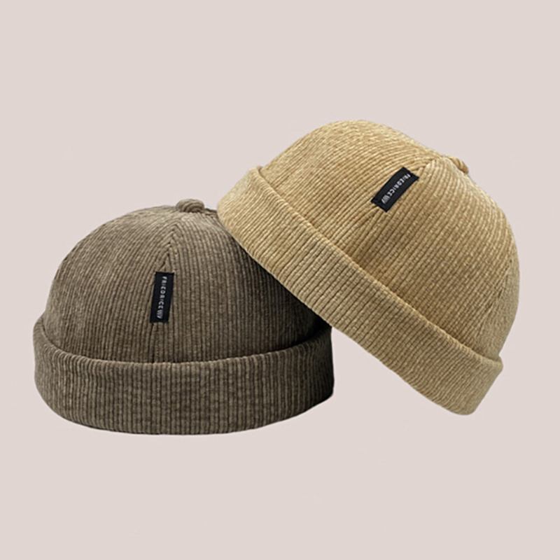 Unisex Corduroy Label Patch Skull Kasket Casual Udendørs Efterår Vinter Varm Justerbar Brimless Beanie Landlord Cap