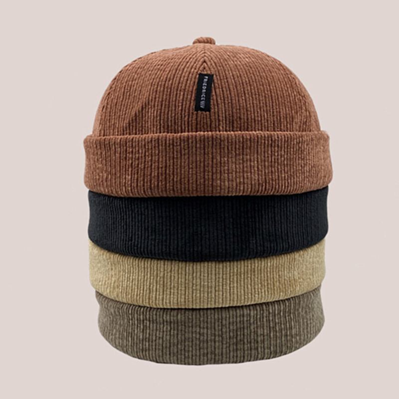 Unisex Corduroy Label Patch Skull Kasket Casual Udendørs Efterår Vinter Varm Justerbar Brimless Beanie Landlord Cap