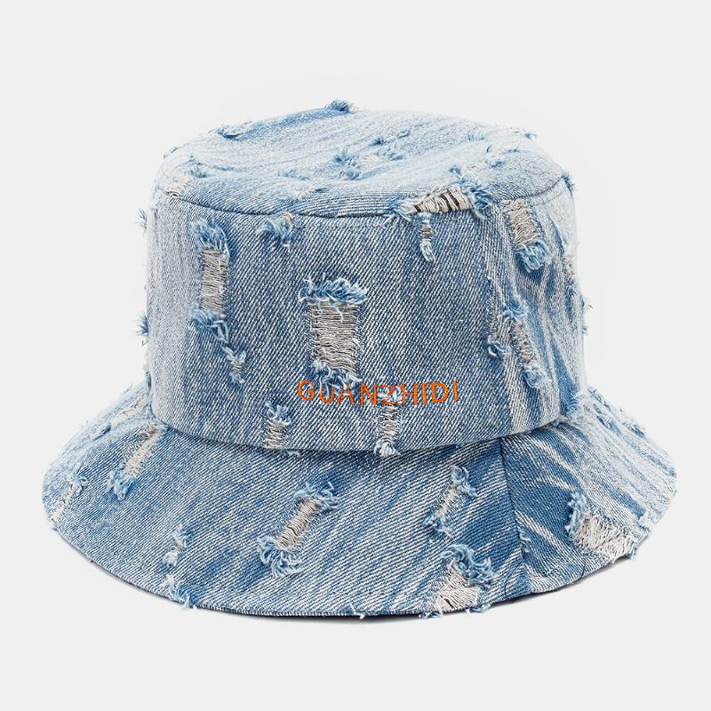 Unisex Denim Brevmønster Broderi Beskadiget Lavet Gammeldags Bucket Hat