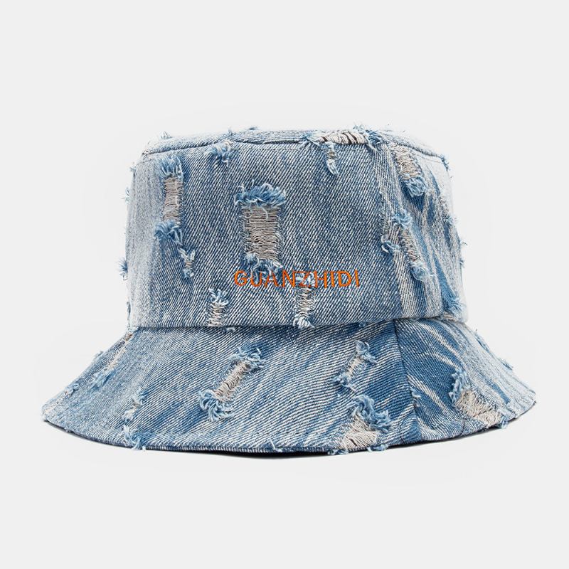 Unisex Denim Brevmønster Broderi Beskadiget Lavet Gammeldags Bucket Hat