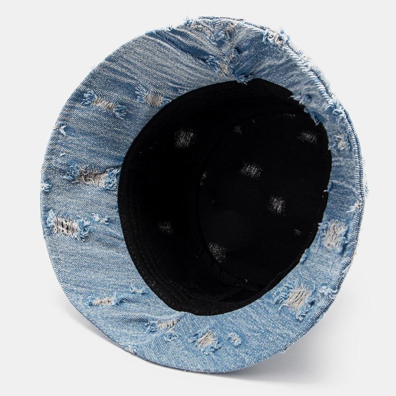 Unisex Denim Brevmønster Broderi Beskadiget Lavet Gammeldags Bucket Hat