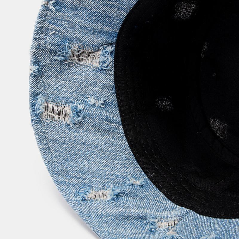 Unisex Denim Brevmønster Broderi Beskadiget Lavet Gammeldags Bucket Hat