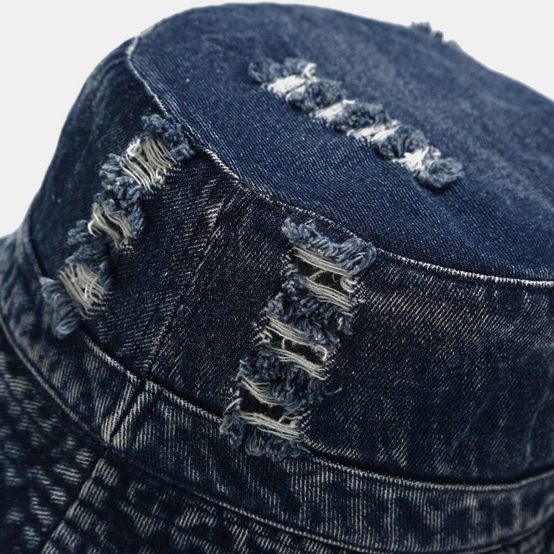 Unisex Denim Broken Holes Lavet Gammeldags Udendørs Solskygge Bøttehat