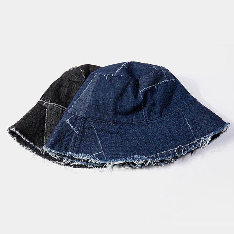 Unisex Denim Distressed Frayed Edge Vintage Casual Solsejl Foldbare Flade Hatte Bucket Hats