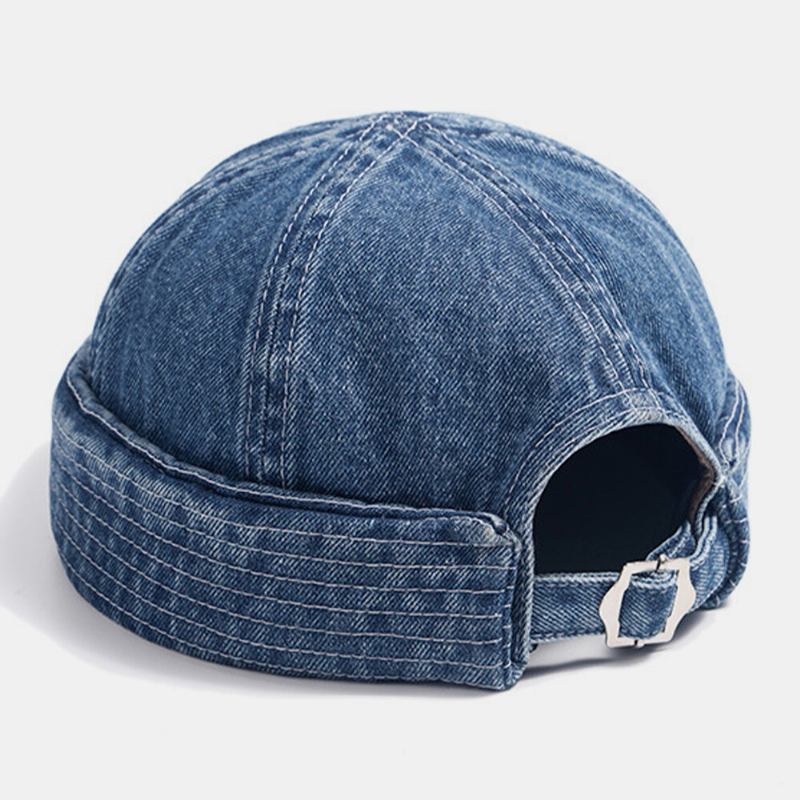 Unisex Denim Ensfarvede Retro Modetrend Kantløs Beanie Landlord Kasket Skull Cap