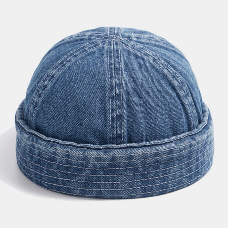 Unisex Denim Ensfarvede Retro Modetrend Kantløs Beanie Landlord Kasket Skull Cap