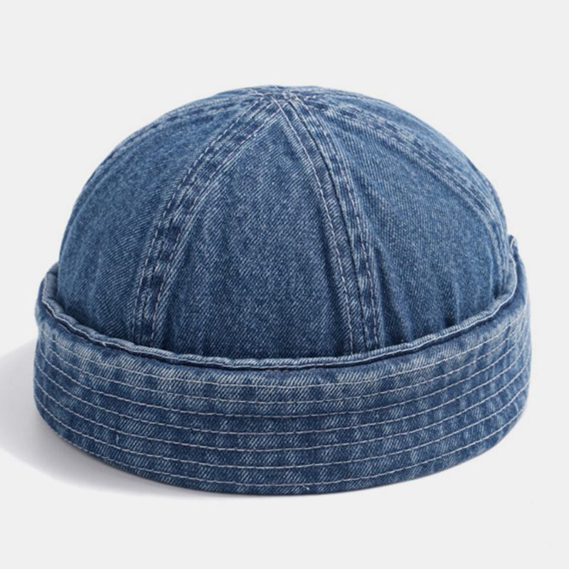 Unisex Denim Ensfarvede Retro Modetrend Kantløs Beanie Landlord Kasket Skull Cap