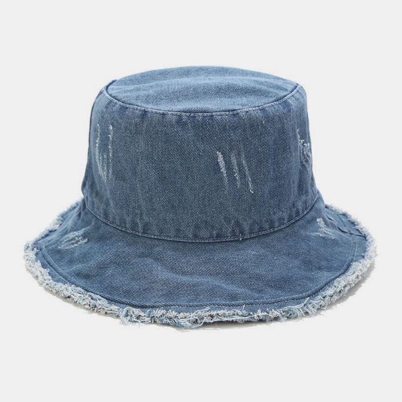 Unisex Denim Foldbar Knuste Huller Kvast Lavet Gammel Retro Mode Udendørs Solskygge Bøttehat