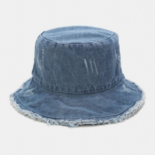 Unisex Denim Foldbar Knuste Huller Kvast Lavet Gammel Retro Mode Udendørs Solskygge Bøttehat