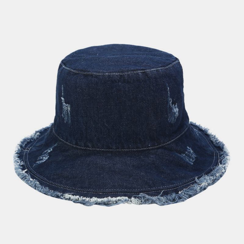 Unisex Denim Foldbar Knuste Huller Kvast Lavet Gammel Retro Mode Udendørs Solskygge Bøttehat