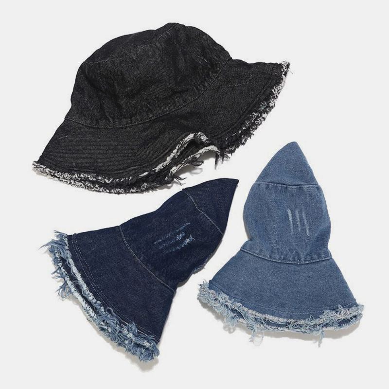 Unisex Denim Foldbar Knuste Huller Kvast Lavet Gammel Retro Mode Udendørs Solskygge Bøttehat