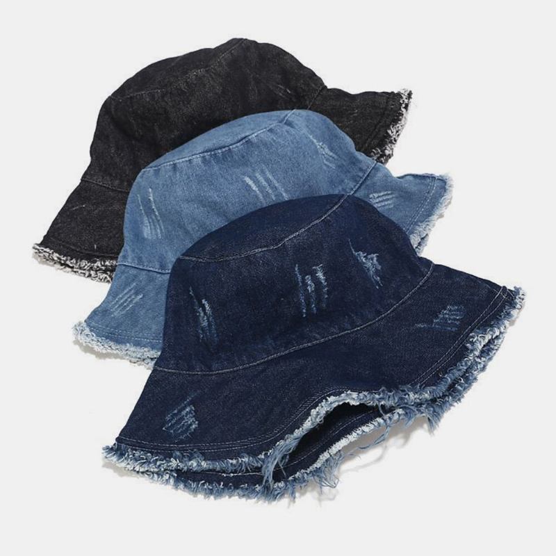 Unisex Denim Foldbar Knuste Huller Kvast Lavet Gammel Retro Mode Udendørs Solskygge Bøttehat