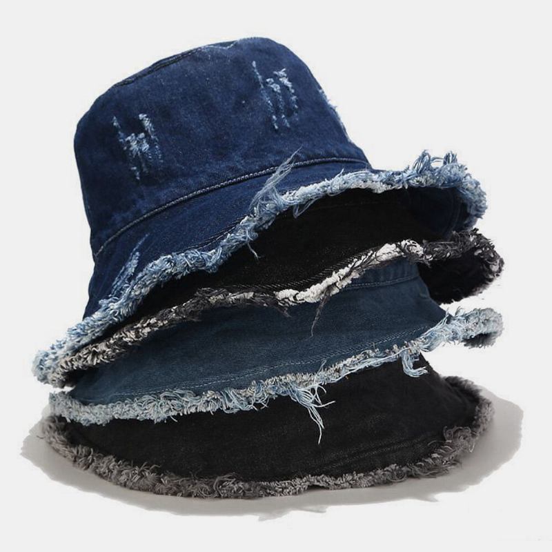 Unisex Denim Foldbar Knuste Huller Kvast Lavet Gammel Retro Mode Udendørs Solskygge Bøttehat