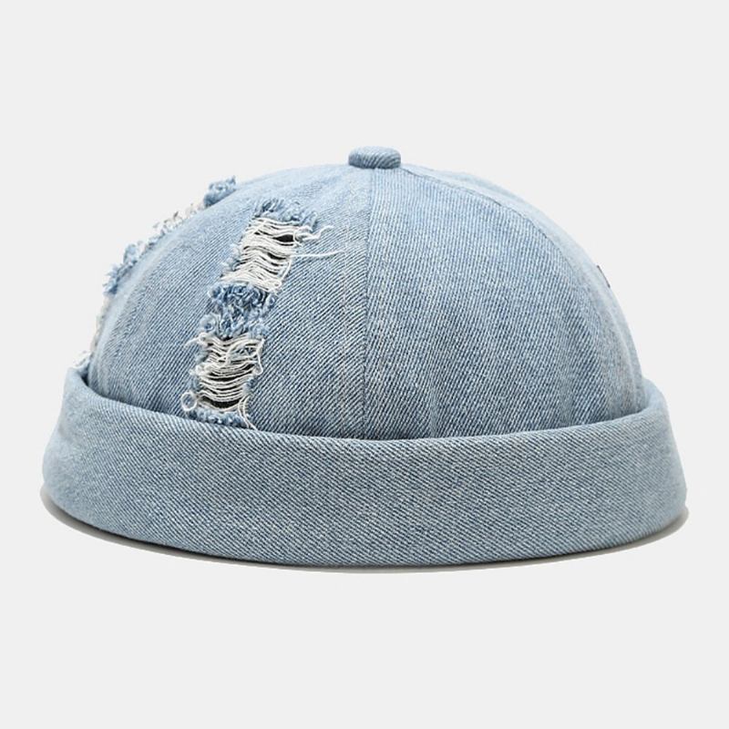 Unisex Denim Knuste Huller Lavet Gammeldags Udendørs Brimless Beanie Udlejer Kasket Skull Cap