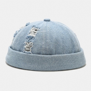 Unisex Denim Knuste Huller Lavet Gammeldags Udendørs Brimless Beanie Udlejer Kasket Skull Cap