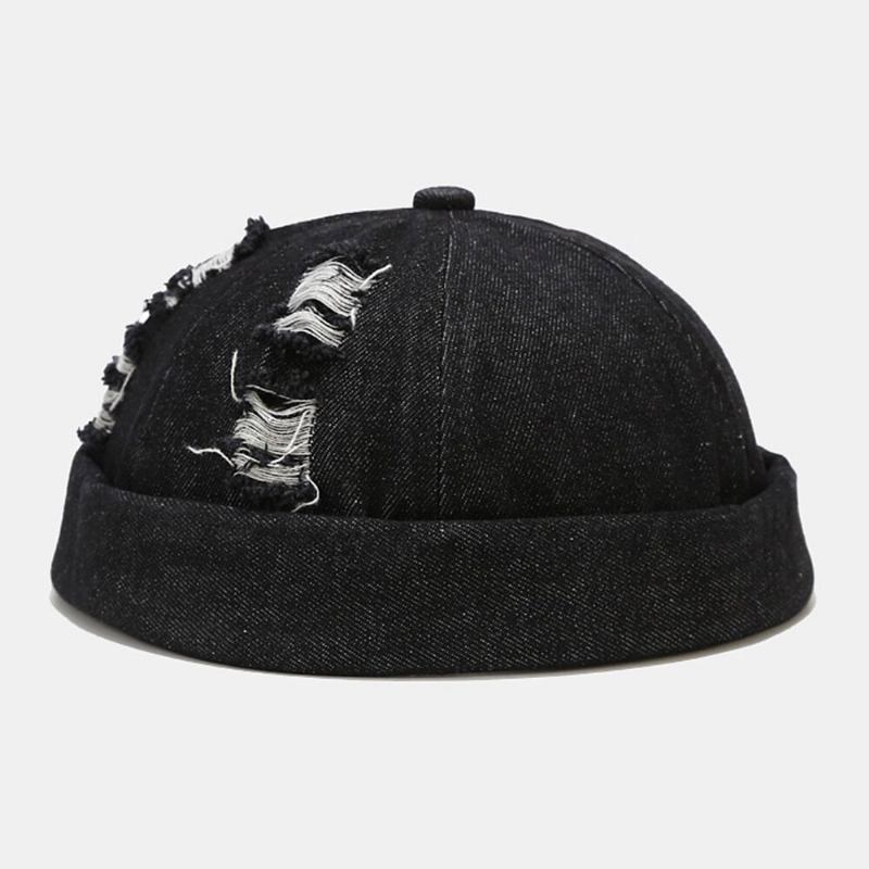 Unisex Denim Knuste Huller Lavet Gammeldags Udendørs Brimless Beanie Udlejer Kasket Skull Cap