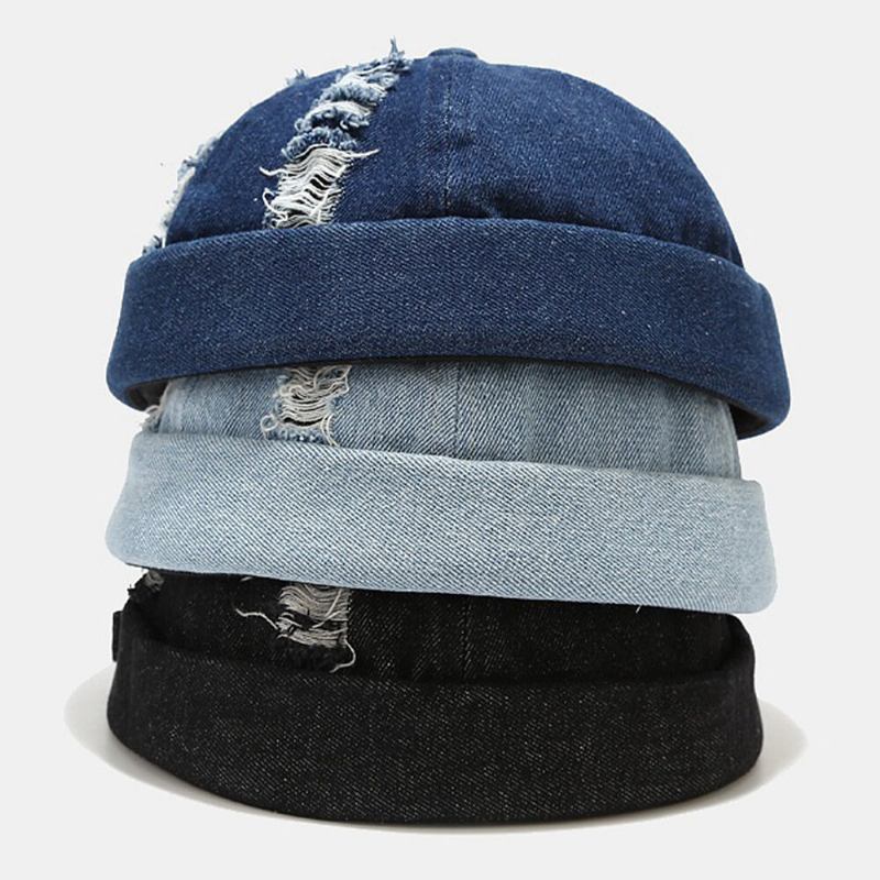 Unisex Denim Knuste Huller Lavet Gammeldags Udendørs Brimless Beanie Udlejer Kasket Skull Cap