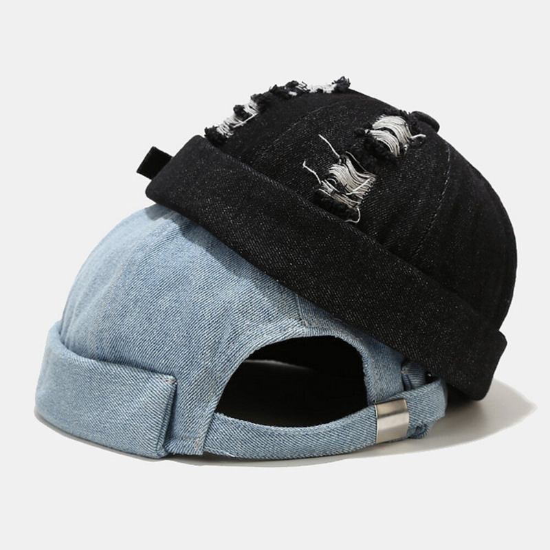 Unisex Denim Knuste Huller Lavet Gammeldags Udendørs Brimless Beanie Udlejer Kasket Skull Cap