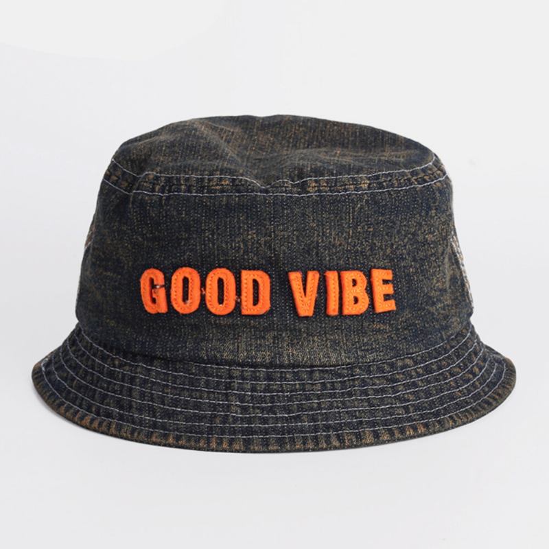 Unisex Denim Lavet Gammelt Bogstaver Mønster Mode Udendørs Solskygge Bucket Hat