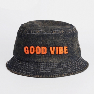 Unisex Denim Lavet Gammelt Bogstaver Mønster Mode Udendørs Solskygge Bucket Hat