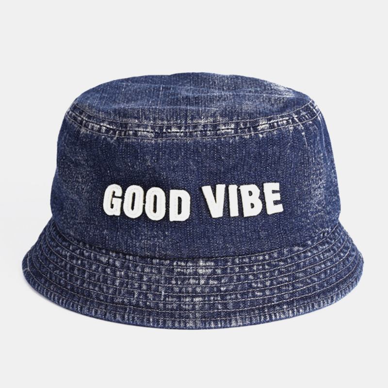 Unisex Denim Lavet Gammelt Bogstaver Mønster Mode Udendørs Solskygge Bucket Hat