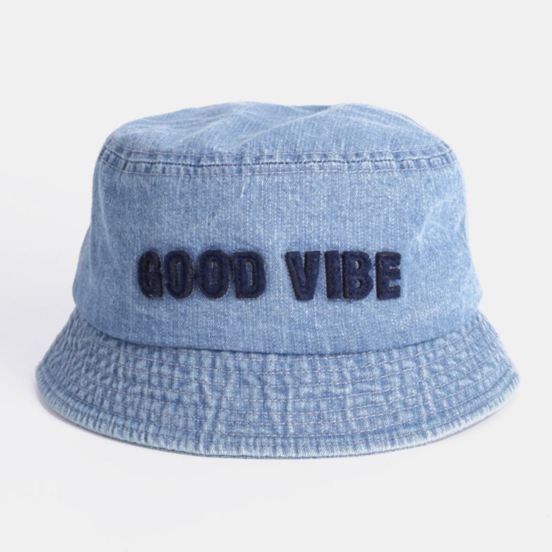 Unisex Denim Lavet Gammelt Bogstaver Mønster Mode Udendørs Solskygge Bucket Hat