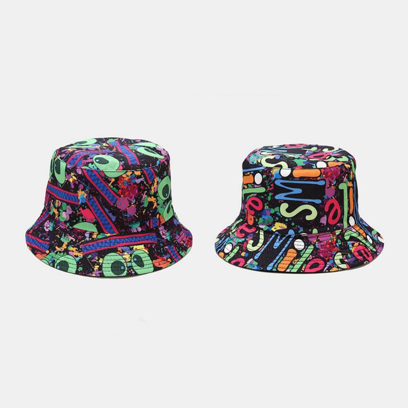 Unisex Dobbeltsidet Farverig Graffiti Hip-hop Fashion Sunshade Bucket Hat