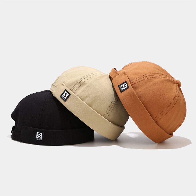 Unisex Ensfarvede S-brevlabel Dome Melon Kasket Retro Udendørs Justerbar Kantløs Beanie Udlejer Kasket Skull Cap