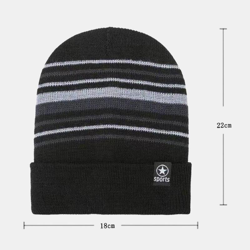 Unisex Farvet Stribet Plus Velvet Thicken Varm Strikket Hue Efterår Vinter Ørebeskyttelse Vindtæt Beanie Hat