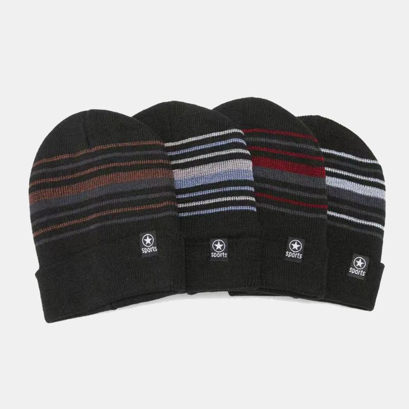 Unisex Farvet Stribet Plus Velvet Thicken Varm Strikket Hue Efterår Vinter Ørebeskyttelse Vindtæt Beanie Hat