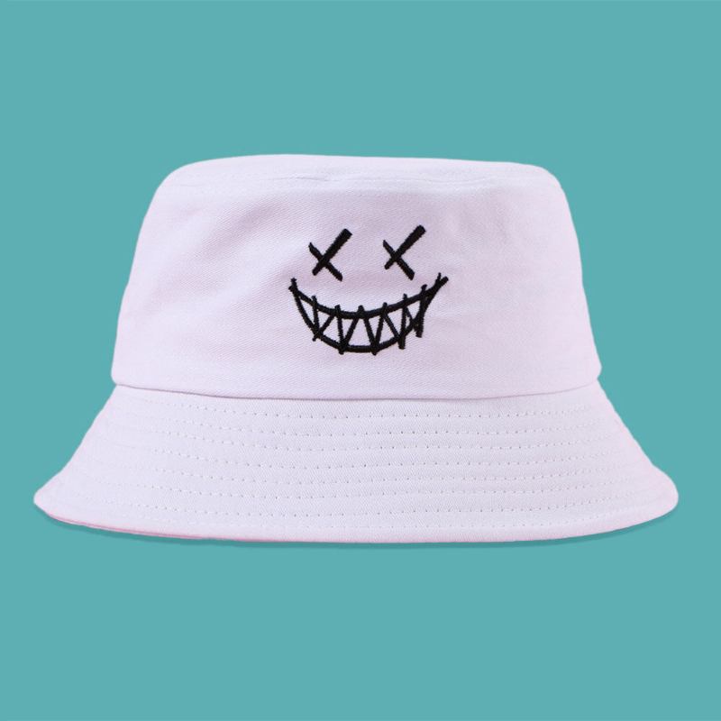 Unisex Funny Face Broderi Bucket Huer Bomuld Vild Sommerrejse Strandhat