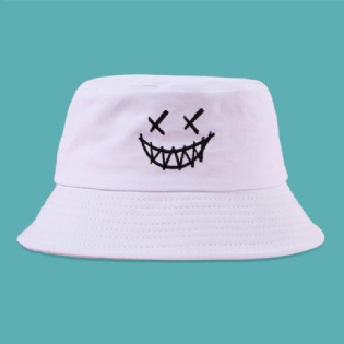 Unisex Funny Face Broderi Bucket Huer Bomuld Vild Sommerrejse Strandhat