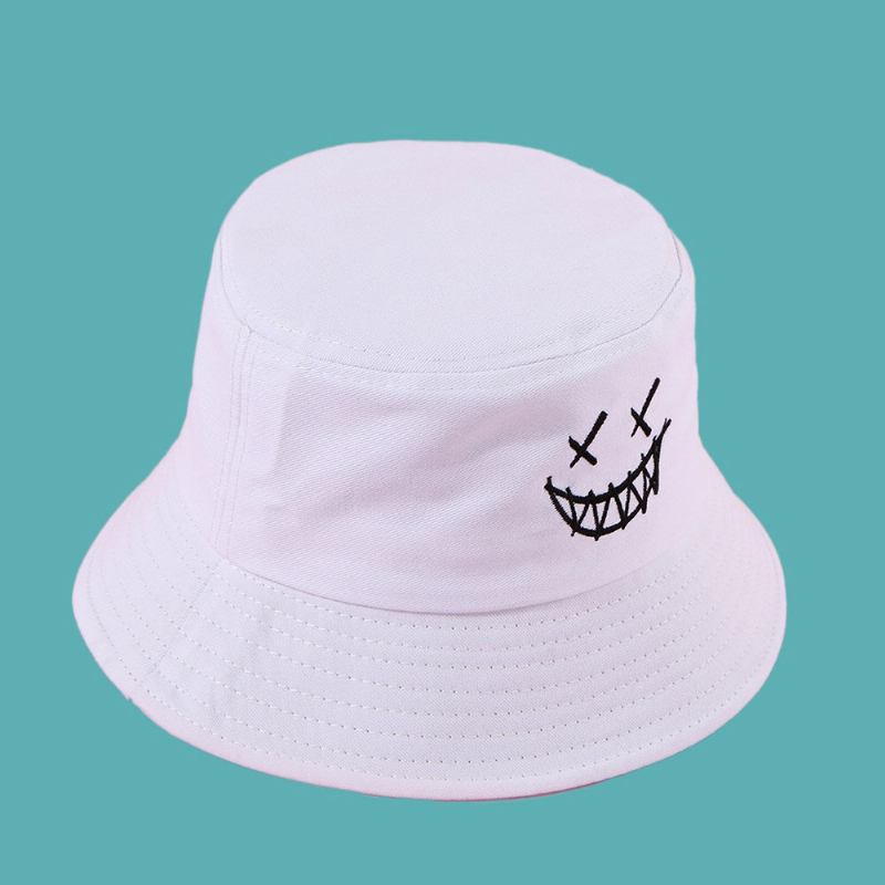 Unisex Funny Face Broderi Bucket Huer Bomuld Vild Sommerrejse Strandhat