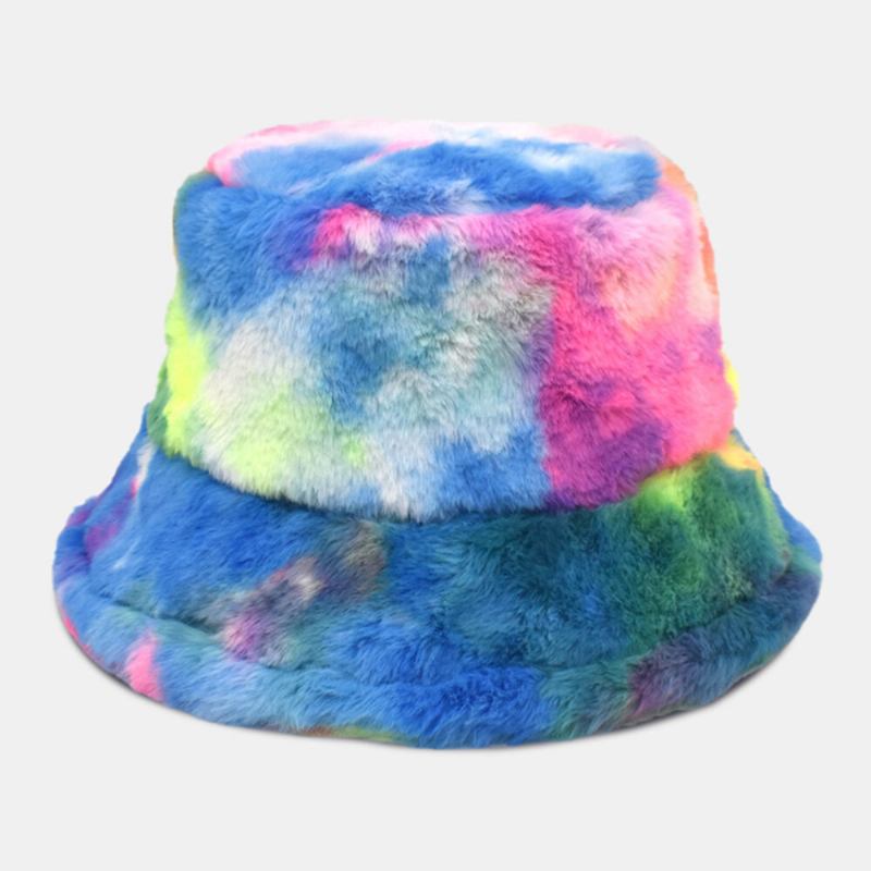 Unisex Imiteret Kaninpels Farverig Gradient Tie-dye Bucket Huer Vinter Tykke Varme Vindtæt Mode Solskyggehat