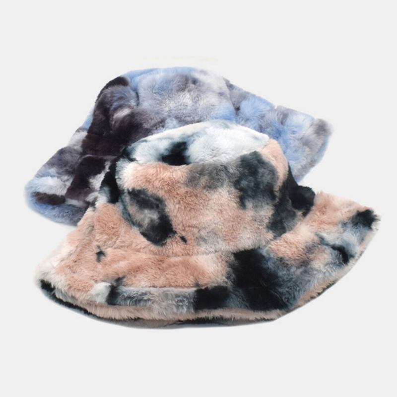 Unisex Imiteret Kaninpels Farverig Gradient Tie-dye Bucket Huer Vinter Tykke Varme Vindtæt Mode Solskyggehat