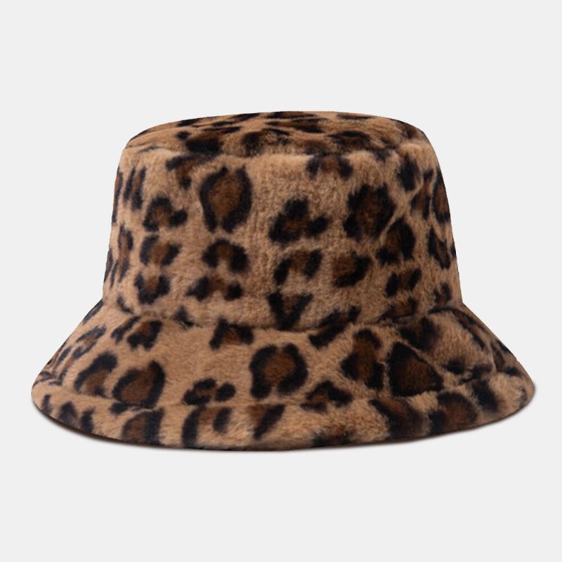 Unisex Imiteret Kaninpels Leopardmønster Tykk Varme Vintage Bucket Hat