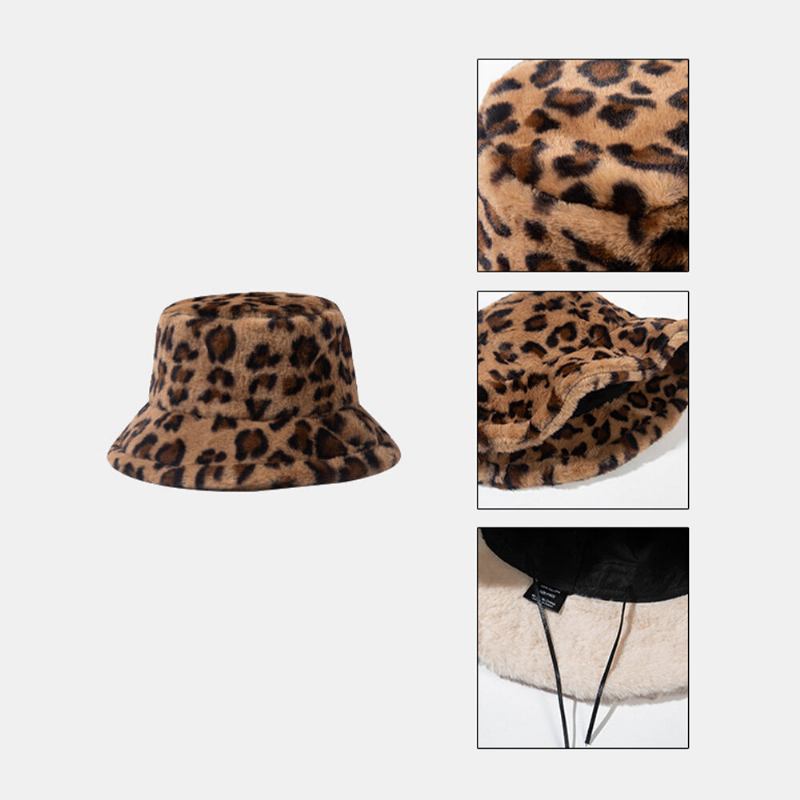 Unisex Imiteret Kaninpels Leopardmønster Tykk Varme Vintage Bucket Hat