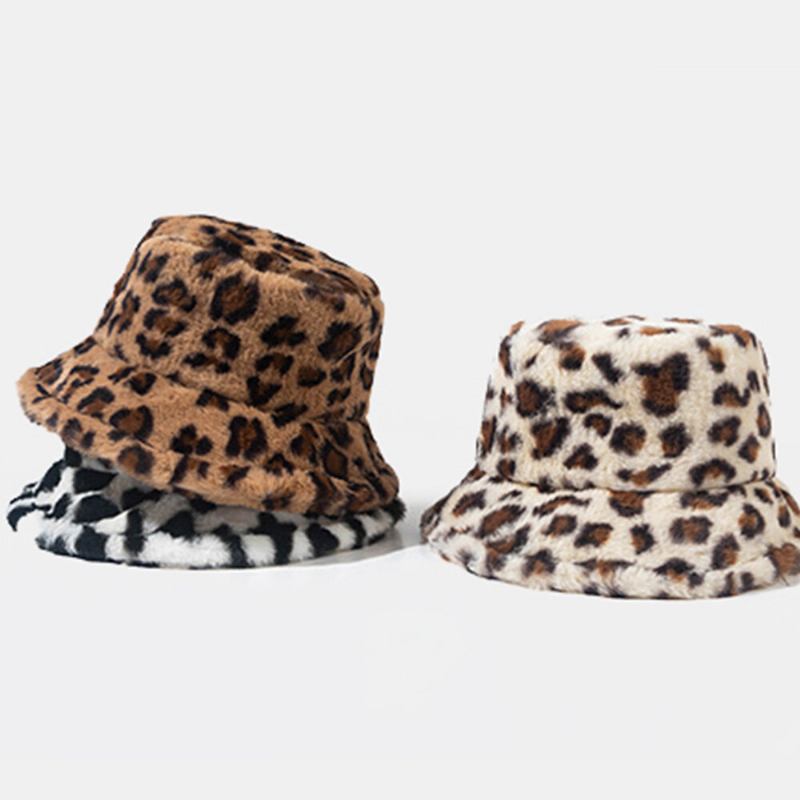 Unisex Imiteret Kaninpels Leopardmønster Tykk Varme Vintage Bucket Hat