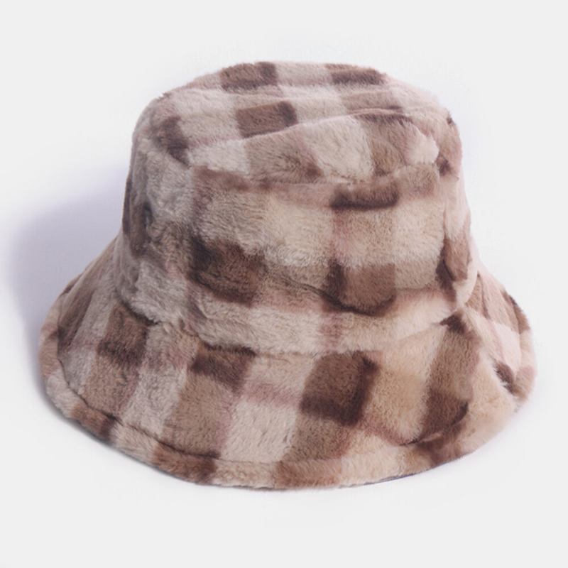 Unisex Kaninhår Plaider Mønster Plus Tykke Varm Vindtæt Blød All-match Travel Bucket Hat