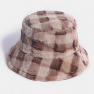 Unisex Kaninhår Plaider Mønster Plus Tykke Varm Vindtæt Blød All-match Travel Bucket Hat