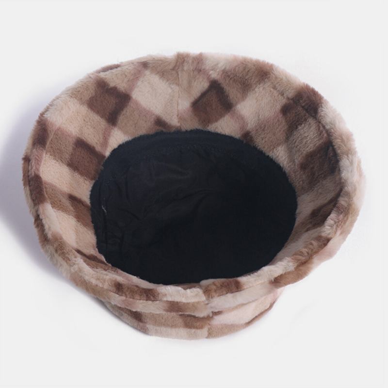 Unisex Kaninhår Plaider Mønster Plus Tykke Varm Vindtæt Blød All-match Travel Bucket Hat