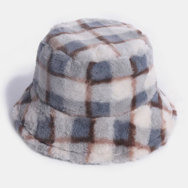 Unisex Kaninhår Plaider Mønster Plus Tykke Varm Vindtæt Blød All-match Travel Bucket Hat