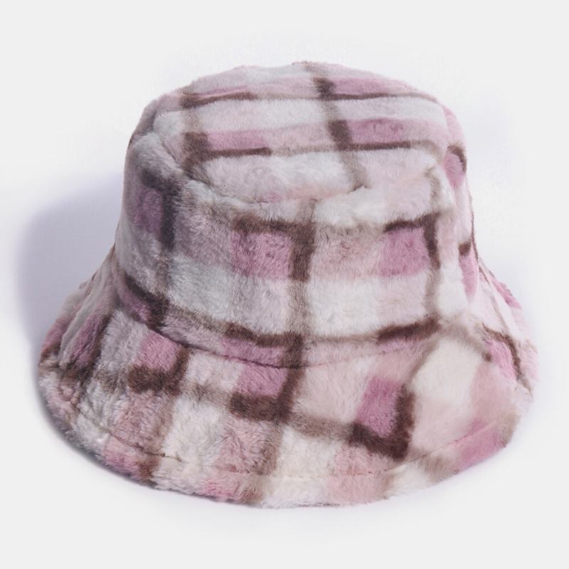 Unisex Kaninhår Plaider Mønster Plus Tykke Varm Vindtæt Blød All-match Travel Bucket Hat