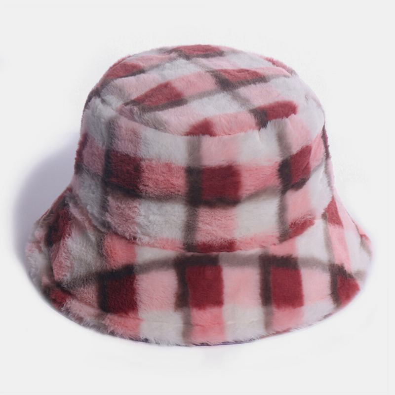 Unisex Kaninhår Plaider Mønster Plus Tykke Varm Vindtæt Blød All-match Travel Bucket Hat