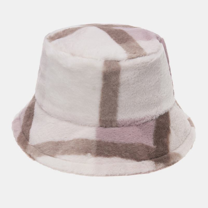 Unisex Kaninhår Plaider Mønster Plus Tykke Varm Vindtæt Blød All-match Travel Bucket Hat