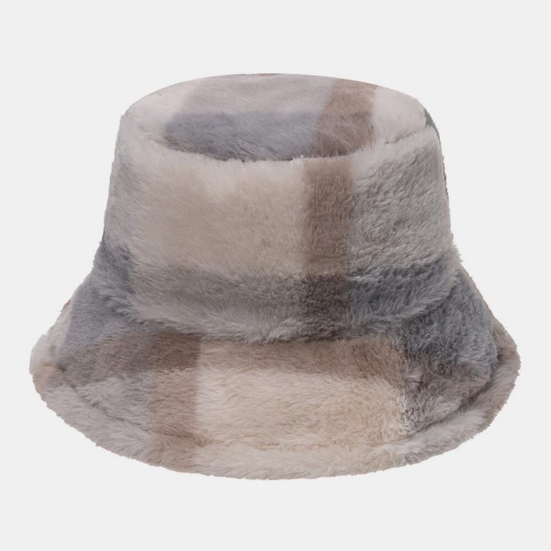 Unisex Kaninhår Plaider Mønster Plus Tykke Varm Vindtæt Blød All-match Travel Bucket Hat