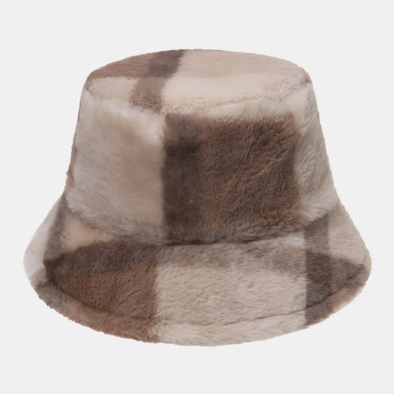 Unisex Kaninhår Plaider Mønster Plus Tykke Varm Vindtæt Blød All-match Travel Bucket Hat