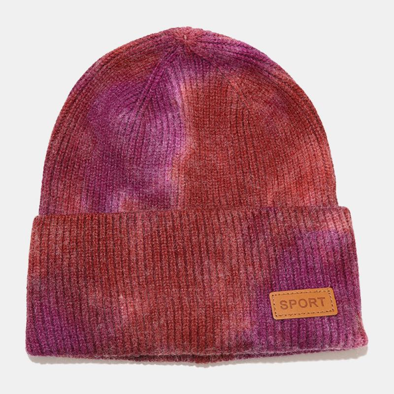 Unisex Kernespundet Garn Elastik Strikket Tie-dye Hat Mode Afslappet Brevetiket Efterår Vinter Varme Kantløs Beanie Hue Landlord Kasket